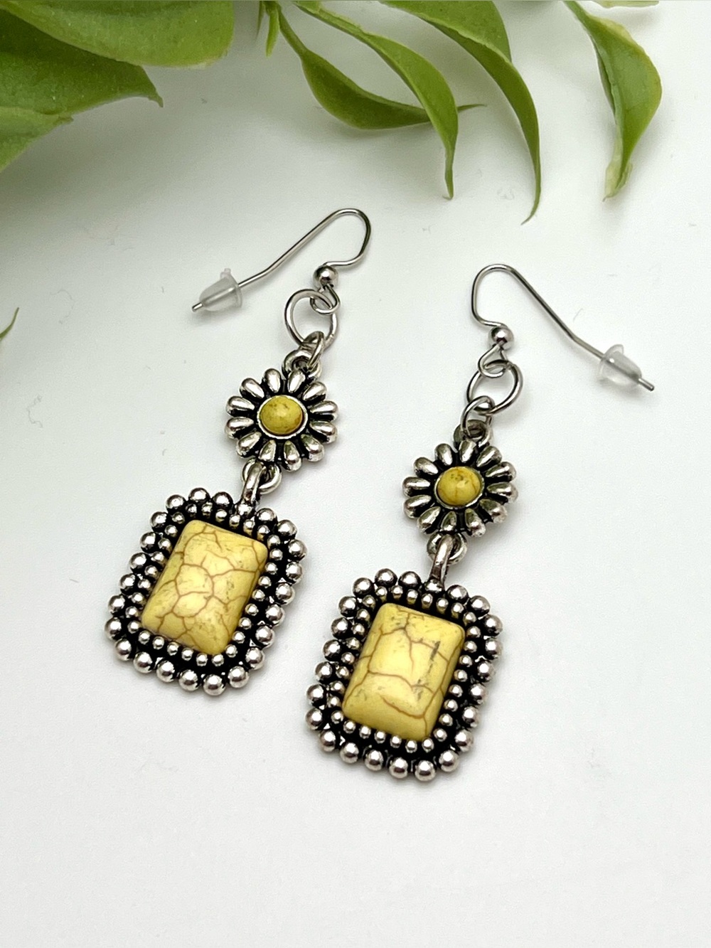 Southwest Style Artisan Crafted Yellow Howlite Floral Drop Earrings